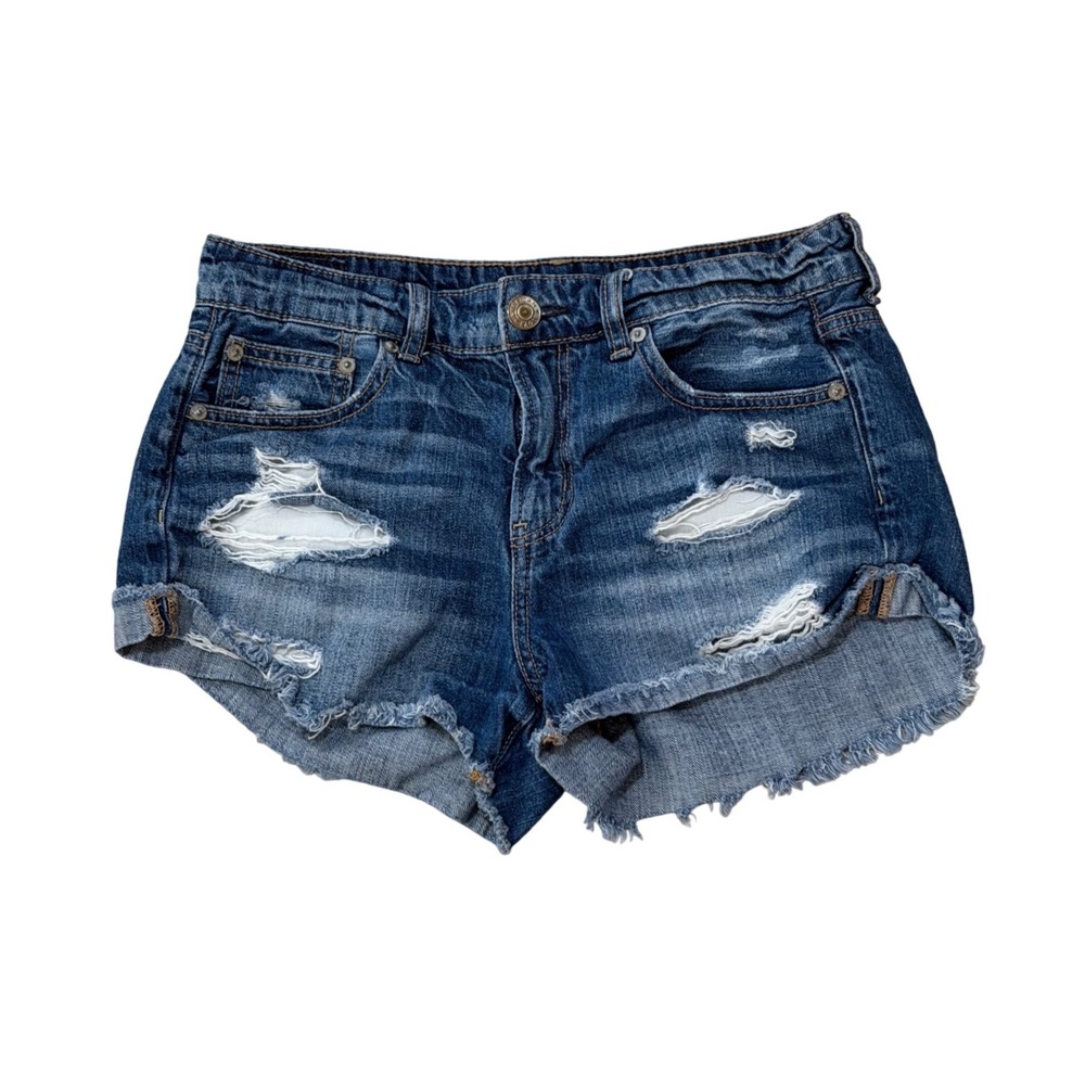 American Eagle Tomgirl Shortie Distressed Denim Shorts Medium Wash Blue Womens 4